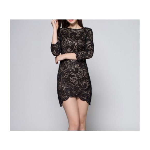 Lush lace 3/4 sleeves lace dress black S nude